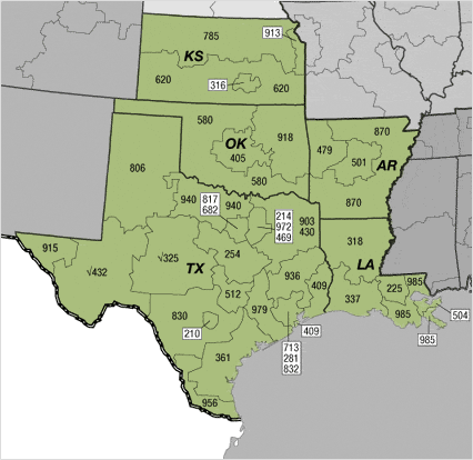 South-Central Area Code Map Image